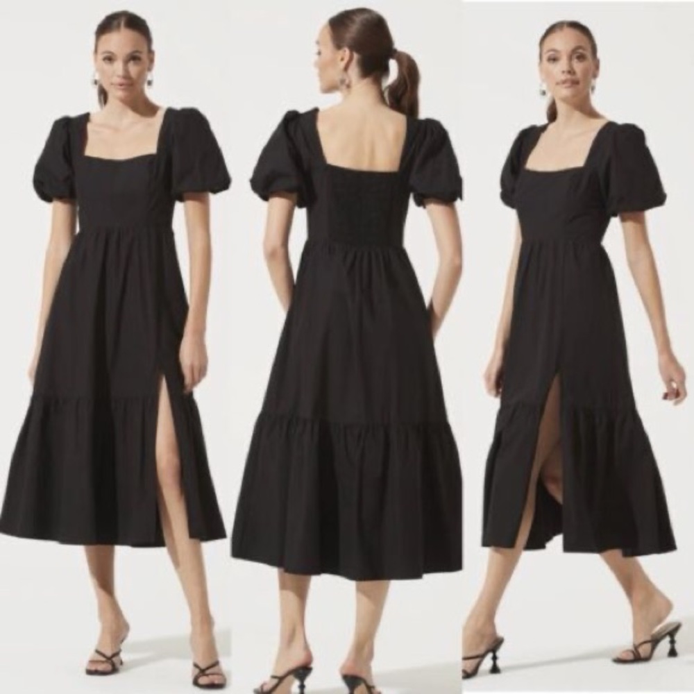 100% cotton ASTR The Label Poplin Puff Sleeve Tiered Midi Dress Size M
